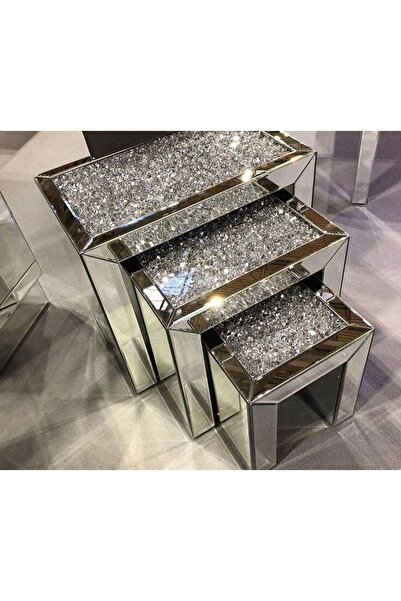 LUXURY VİLLA Luxury Normal Aynalı Tekerlekli 3lü Zigon Sehpa En 65cm Derinlik...