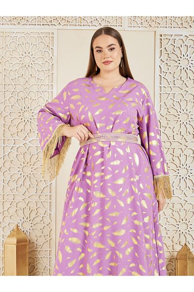 Styli Plus Feather Foil Print Tassel Trim Sleeves Jalabiya