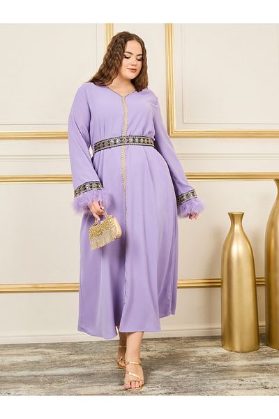 Styli Plus Faux Feather Trim Embroidered Lace Belted Jalabiya
