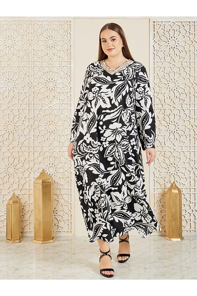 Styli Lace Trim V Neck Floral Print Jalabiya
