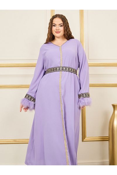Styli Plus Faux Feather Trim Embroidered Lace Belted Jalabiya