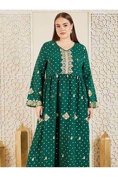 Styli Plus Embroidered Lace Foil Print Jalabiya