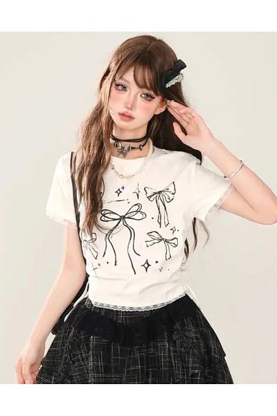 Köstebek Ribbon Patterned Lace Crop T-Shirt