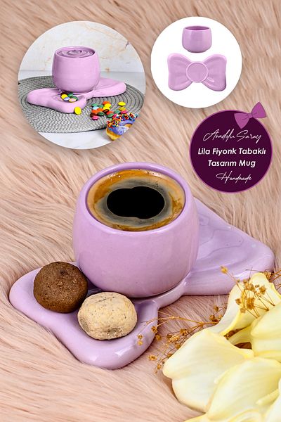 Anadolu Saray Ceramic Lilac Plate Bow Design - Handmade Mug Cup Coffee Cup