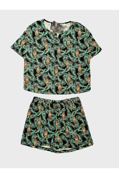 tusem butik homewear Pijamale pentru femei din crepon cu imprimeu frunze - Set de vară cu mâneci scurte și pantaloni scurți