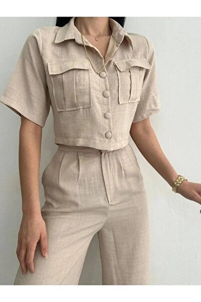 butik derin Keten Gömlek Ceket Pantolon Kadın Takım Bej