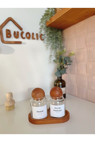 BUCOLIC طقم قطن زجاجي مكون من قطعتين مع غطاء خشبي، حامل خشبي صغير الحجم مصنوع...