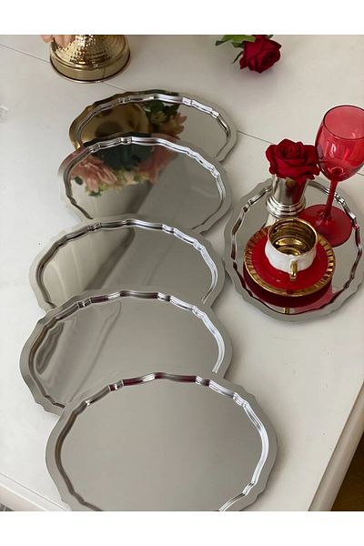 Aslı Hediyelik 6 Pieces 20X25 cm Oval Wavy Silver Plated Model Tea, Coffee, Catering Presentation Tray 20X25 cm