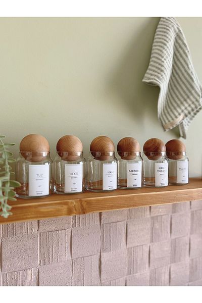 BUCOLIC 6-Piece Glass Spice Rack Set with Wooden Ball Cover / 300 Ml / Labeled