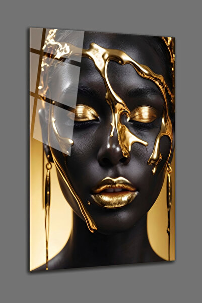 BV DEKOR Γυάλινος πίνακας ζωγραφικής με σχέδιο Μαύρη Γυναίκα σε χρυσό-4mm Άθρ...