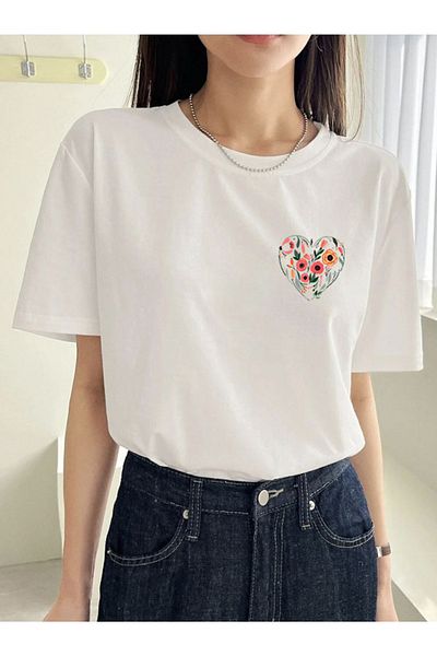 FAVORİST Unisex Oversize βαμβακερό μπλουζάκι - Heart and Tulip Printed