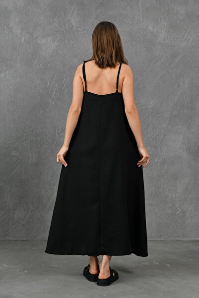 bayansepeti Černé šaty Midi Aerobin s nastavitelnými ramínky ve tvaru U - 3378