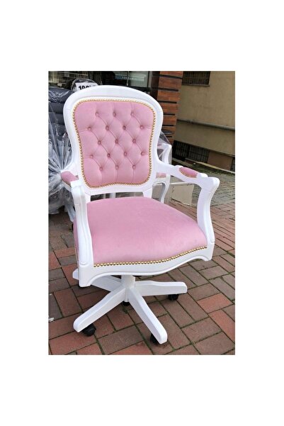 Masifart Pink  Ahşap Klasik Ofis Çalışma Koltuğu Beyaz Lake