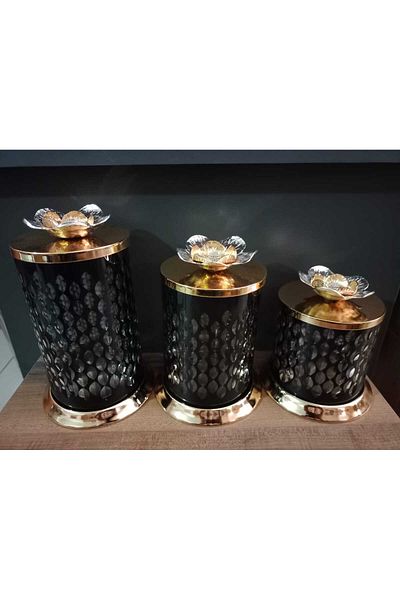 Paşabahçe 3-Piece Decorative Glass Jar - Metal Lid and Plate Detailed