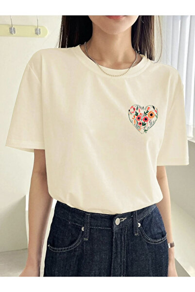 FAVORİST تي شيرت قطني كبير الحجم للجنسين - مطبوع عليه قلب وتوليب