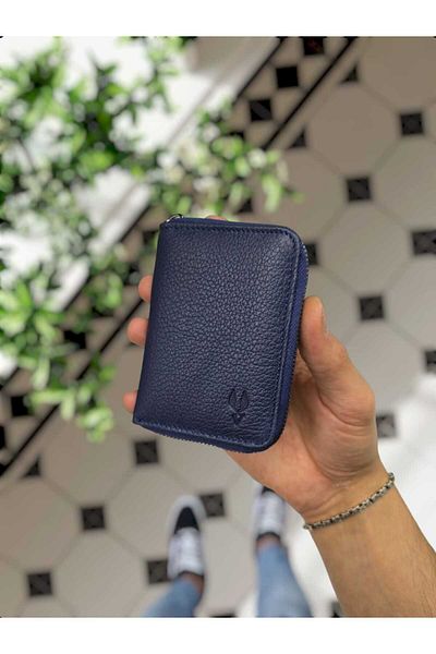 VİSSO 661 Model Real Leather - Γυναικεία και ανδρική τσάντα ακορντεόν με φερμουάρ και κάρτα ΣΚΟΥΡΟ ΜΠΛΕ GUTTY