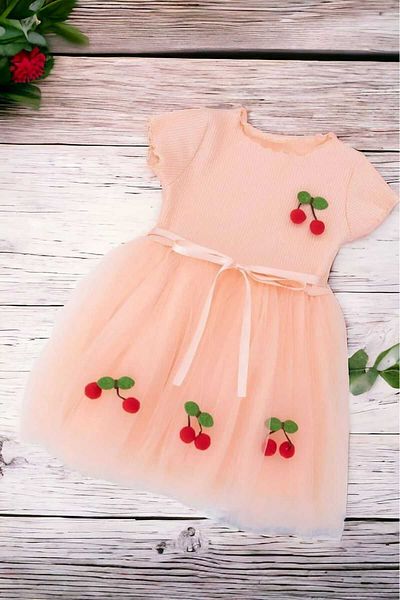 dinamik çocuk Girl's Cherry Short Sleeve Tutu Lined Dress Special Day Birthday Princess