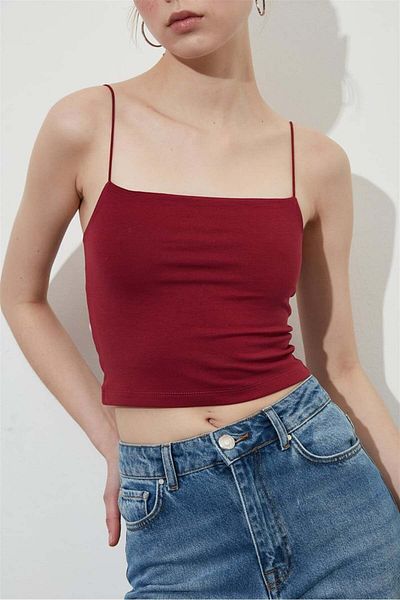 MERİCEY Women's Burgundy Rope Strap Cotton Crop Top Bustier Tank Top