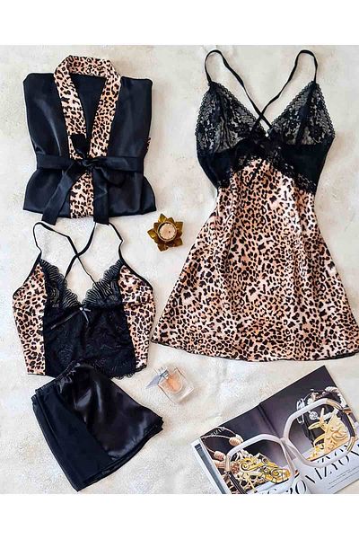 Çeyize dair herşey Set de mireasa din satin de matase cu imprimeu leopard - 4 piese, cutie 6656