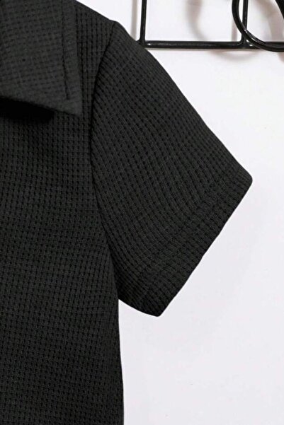 Bubito V-Neck Waffle Patterned Cotton Baby Shorts - Black