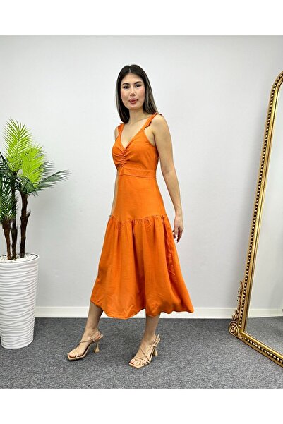 deqfashion Kadın Oranj Askılı Keten Midi Boy Elbise
