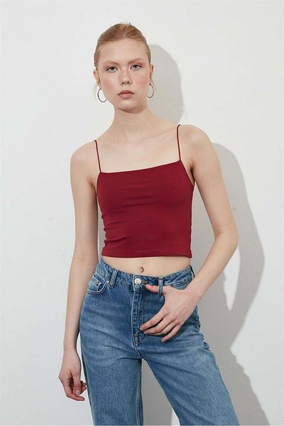 MERİCEY Women's Burgundy Rope Strap Cotton Crop Top Bustier Tank Top