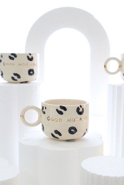 ada mia seramik Good Morning Leopar Desenli Özel Tasarım 24k Altın Dekorlu El Yapımı Seramik Mug 200ml