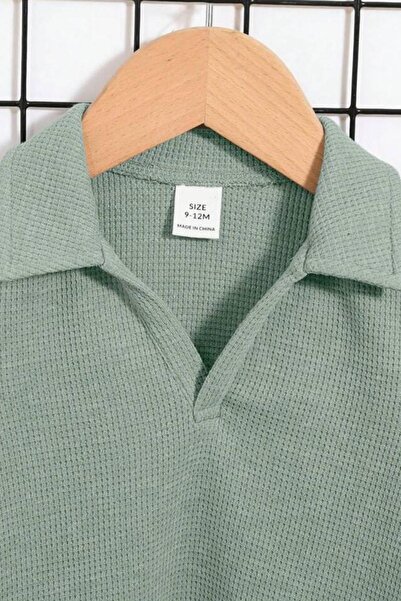 Bubito V-Neck Waffle Patterned Cotton Baby Shorts Set - Green