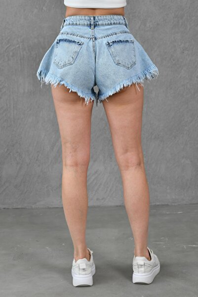 4S1B FASHION High Waist Tasseled Light Blue Denim Shorts - Flywheel Lycra Free Cut 70355