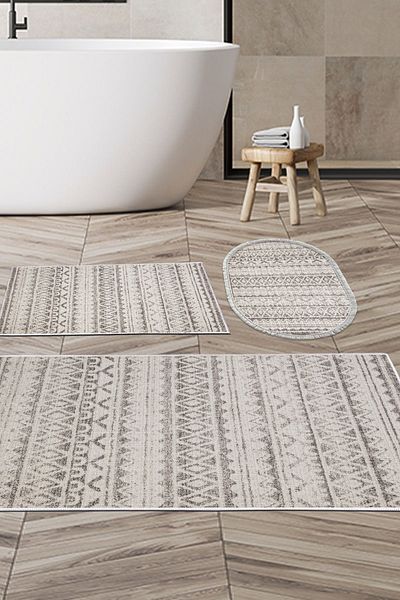 Dekoreko Ψηφιακό σετ μπάνιου 3 τεμαχίων Star Cotton Αντιολισθητική Βάση Μικτή Οβάλ Nordic Financial Light Καφέ