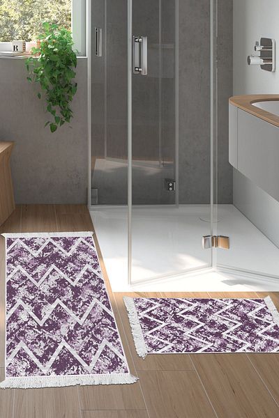 Dekoreko Digital 2-Piece Bath Mat Set Trend Felt Non-Slip Base Fringed Scandinavian Roxanne Purple