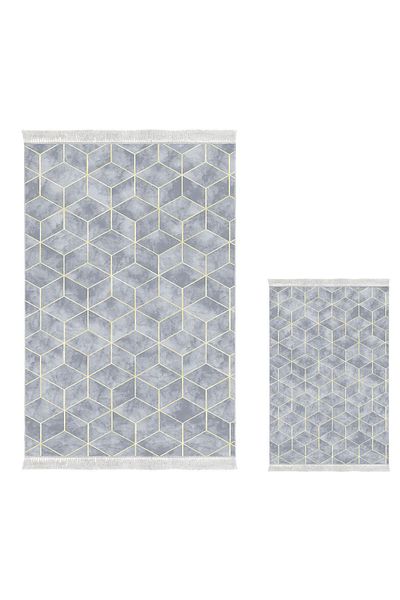Dekoreko Digital 3-Piece Bath Mat Set Trend Felt Non-Slip Base Mixed Oval Modern Hope Blue