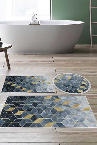 Dekoreko Digital 3-Piece Bathroom Set Trend Felt Non-Slip Base Round Scandinavian Stephania Blue