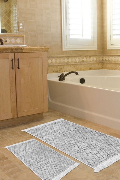 Dekoreko Digital 2-Piece Bath Mat Set Star Leather Non-Slip Base Fringed Scandinavian Nydia Gray