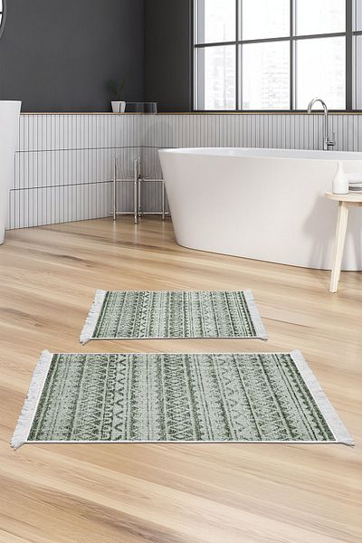 Dekoreko Digital 2-Piece Bath Mat Set Trend Felt Non-Slip Base Fringed Scandinavian Mali Green