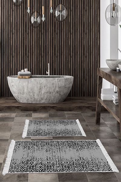 Dekoreko Digital 2-Piece Bath Mat Set Trend Felt Non-Slip Base Fringed Scandinavian Terceiro Gray