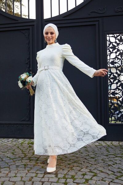 She Olive Φόρεμα από τούλι με πλισέ μανίκια - Λευκό