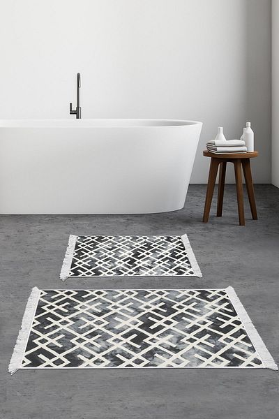 Dekoreko Digital 2-Piece Bath Mat Set Trend Felt Non-Slip Base Fringed Scandinavian Ballerina Gray