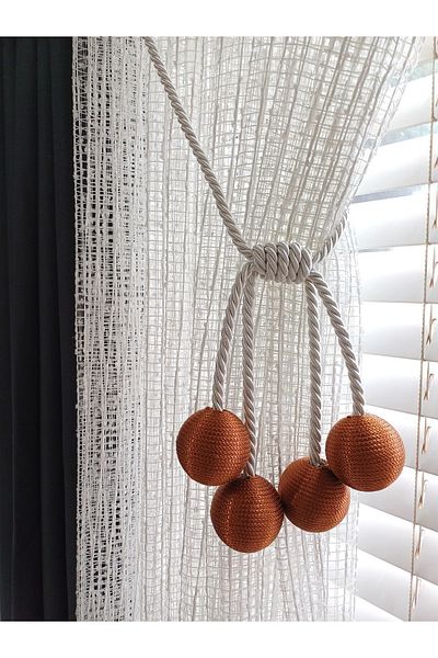 venedik home Modern Ecru Curtain Attachment with 4 Balls - Copper Colored, Corded and Background Curtain Tie Brachol