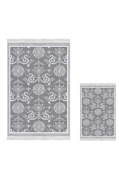 Dekoreko Non-Slip Base Djt 3-Piece Bathroom Mat Set Star Leather Mixed Round Modern 1861m Gray