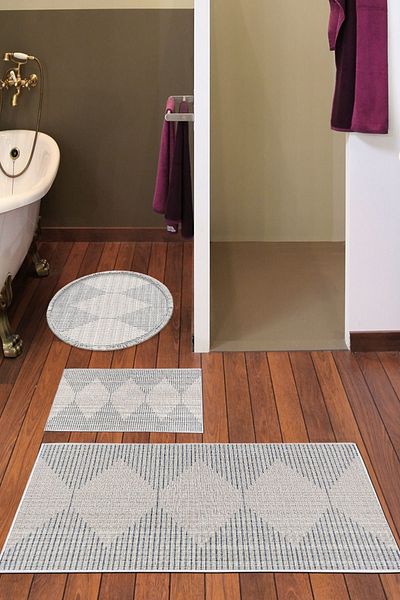 Dekoreko Digital 3-Piece Bathroom Set Trend Felt Non-Slip Base Mixed Round Scandinavian Kay Navy Blue