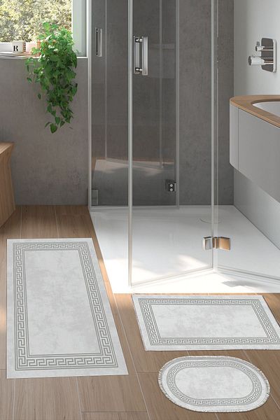 Dekoreko Digital 3-Piece Bathroom Mat Set Star Leather Non-Slip Base Mixed Oval Modern Cassietta Gray