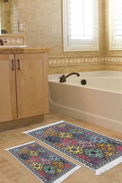 Dekoreko Digital 2-Piece Bath Mat Set Star Cotton Non-Slip Base Fringed Scandinavian Leesa Colorful