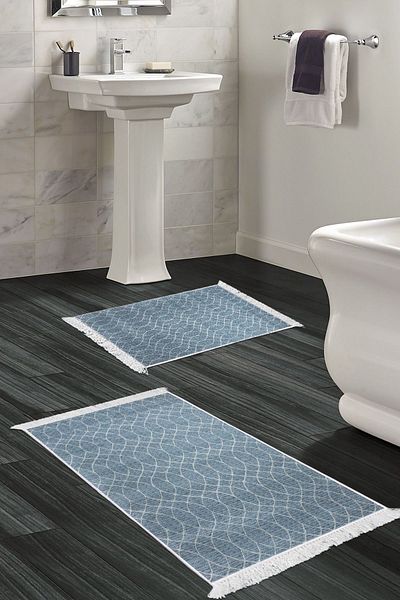 Dekoreko Digital 2-Piece Bathroom Set Trend Felt Non-Slip Base Fringed Scandinavian Celestine Navy Blue