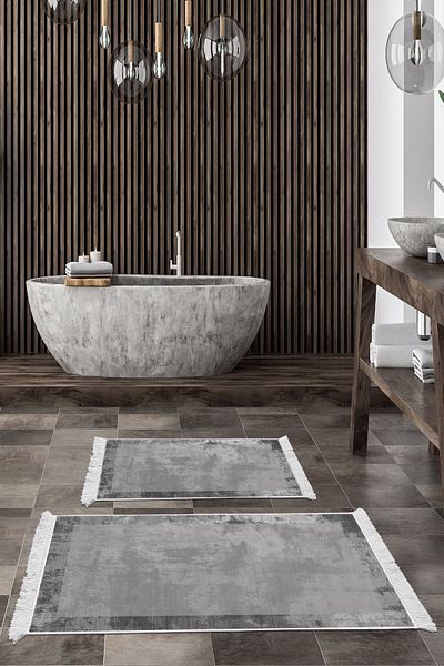 Dekoreko Digital 2-Piece Bath Mat Set Star Cotton Non-Slip Base Fringed Modern Amelia Gray