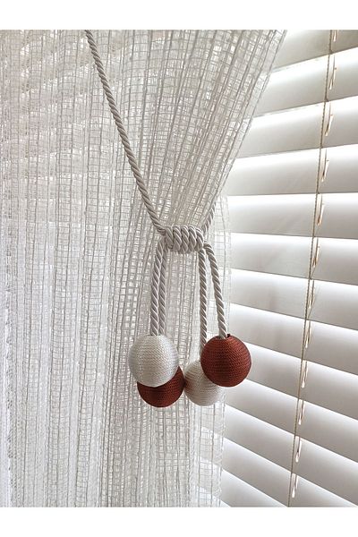 venedik home 4 Ball Modern Ecru Curtain Binding Apparatus - Brchol with Cord, Wrapped Tulle and Background Detail