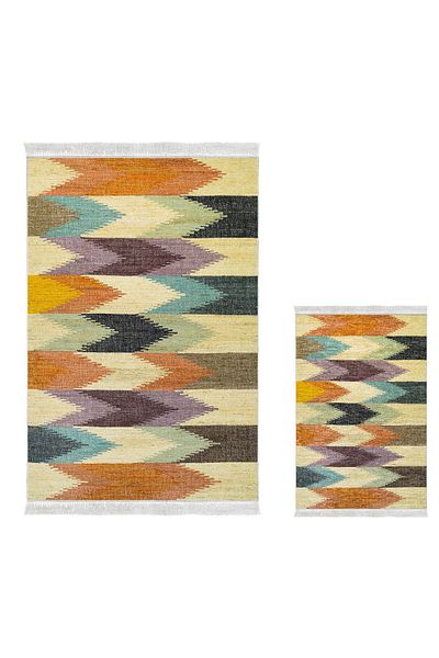 Dekoreko Digital 3-Piece Bathroom Mat Set Star Cotton Non-Slip Base Mixed Oval Modern Vina Color