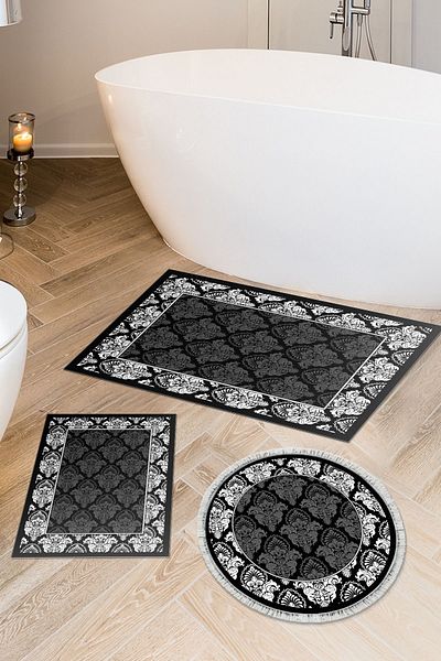 Dekoreko Ψηφιακό σετ μπάνιου 3 τεμαχίων Star Cotton Αντιολισθητική Βάση Μικτή Στρογγυλή Μοντέρνα Yolanda Μαύρο