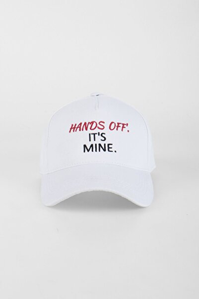 Kapin White Embroidered Text Baseball Cap - Hands Off Its Mine