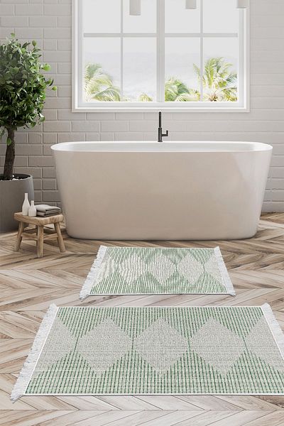 Dekoreko Digital 2-Piece Bath Mat Set Trend Felt Non-Slip Base Fringed Scandinavian Kay Green